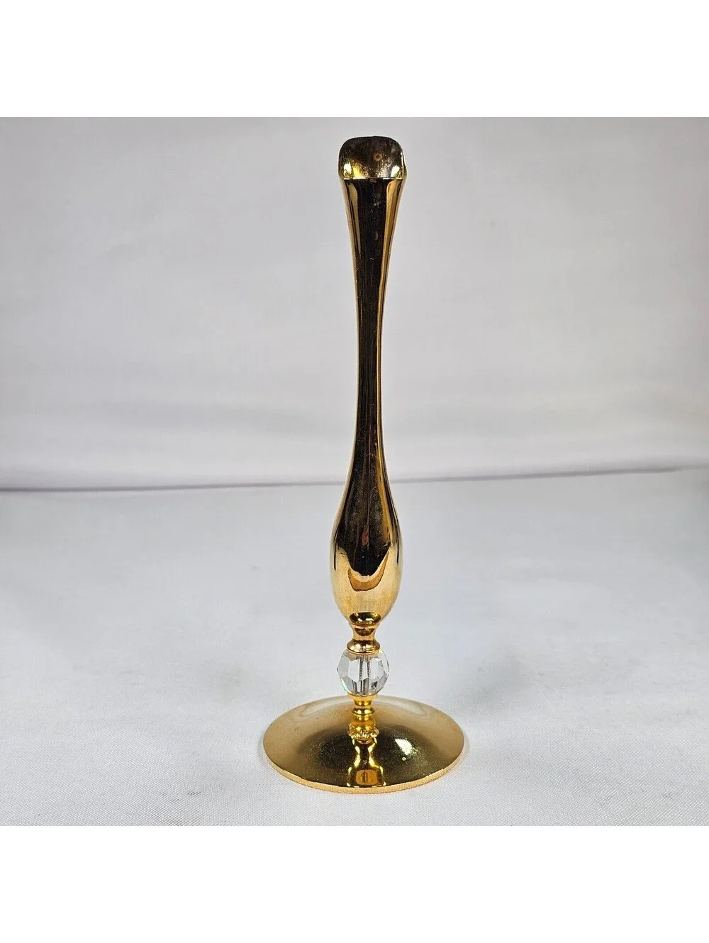 Vintage Brass Bud Vase Slender Mid Century Modern MCM Crystal Accent 6.75